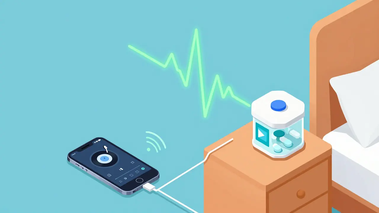 Smartphone connected to pill box showing digital health support tools