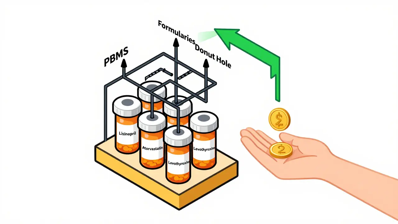 Stack of generic pills leading to a network of healthcare systems, ending in a  coin falling into a patient's hand.
