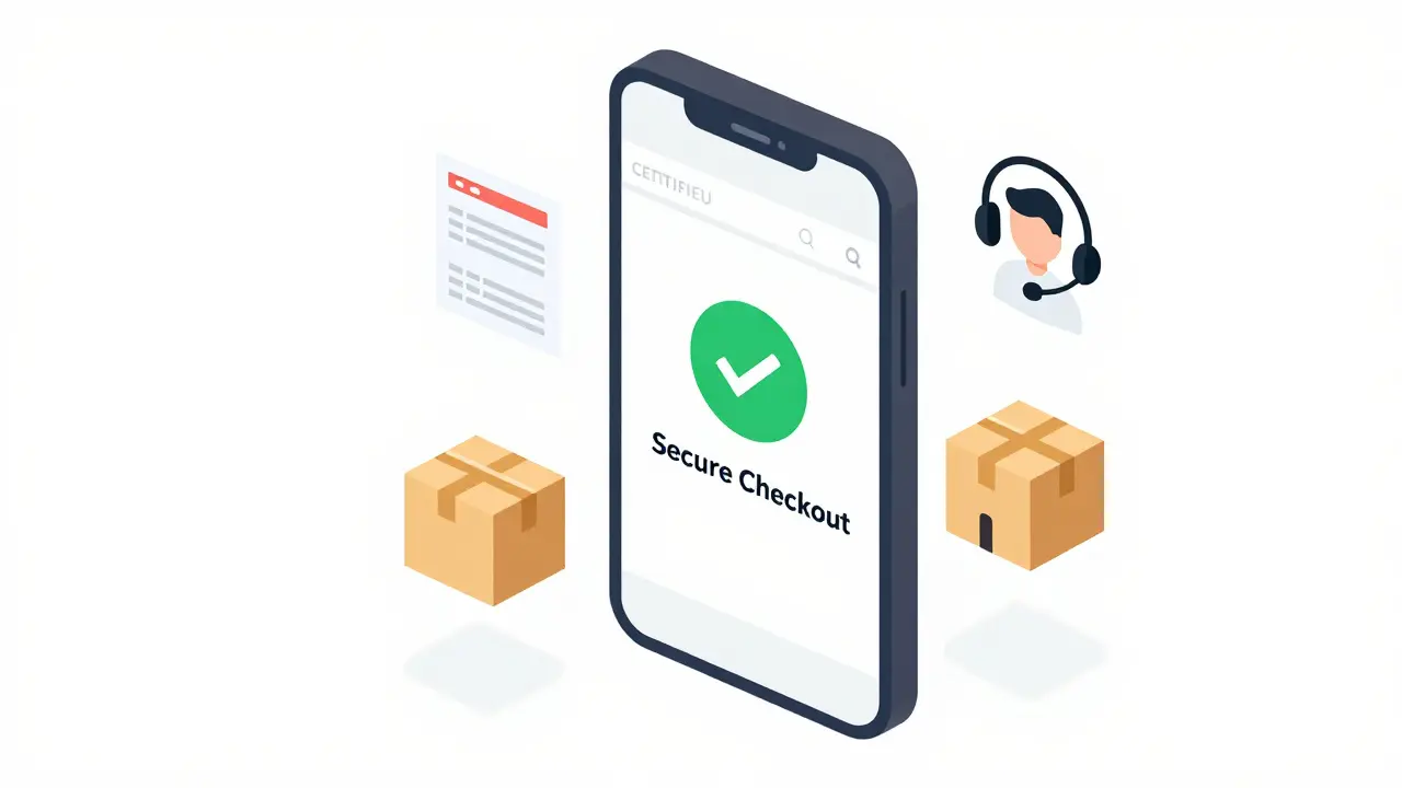 A smartphone displaying a certified and secure online pharmacy website