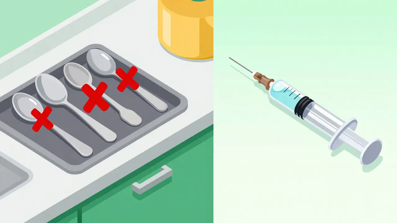 Comparison between a dangerous kitchen spoon and a safe medical oral syringe.