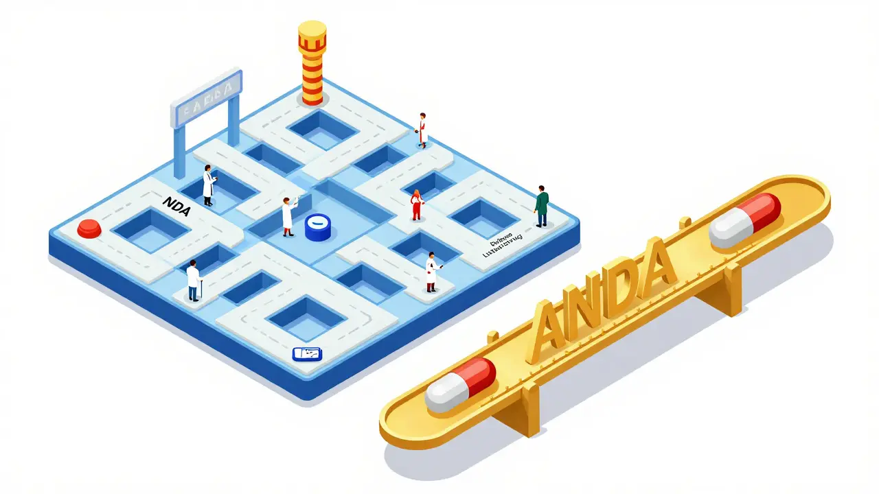 Isometric cartoon of a fast-track golden bridge bypassing a complex clinical trial obstacle course.