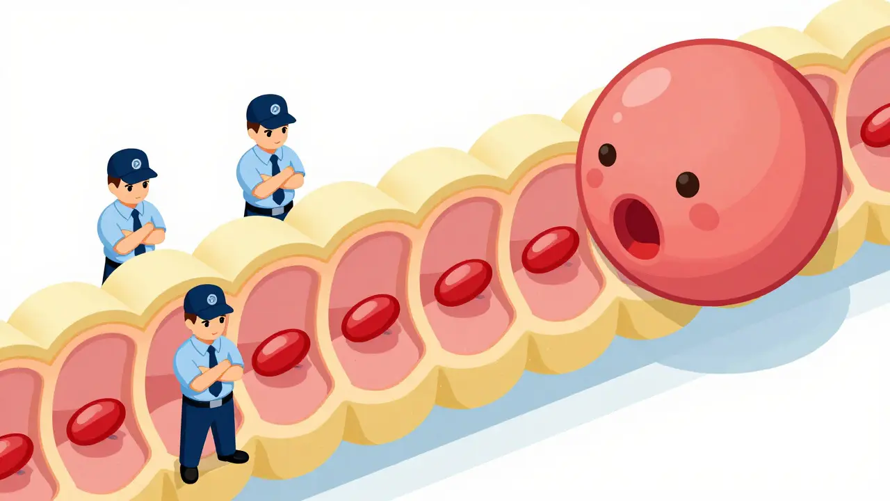 Isometric cartoon showing P-glycoprotein pumps blocking medication from crossing the placenta.