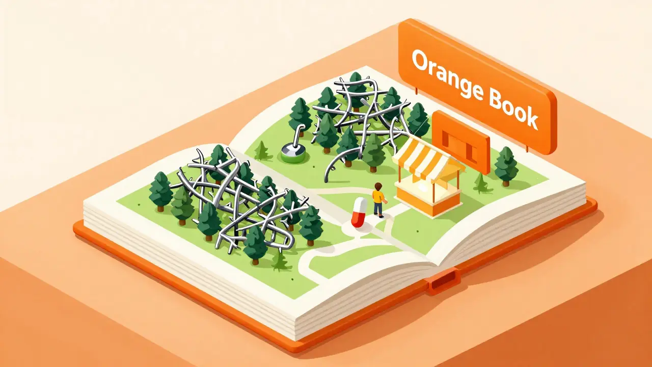 Isometric illustration of a character navigating a forest of locks using a giant orange book map.