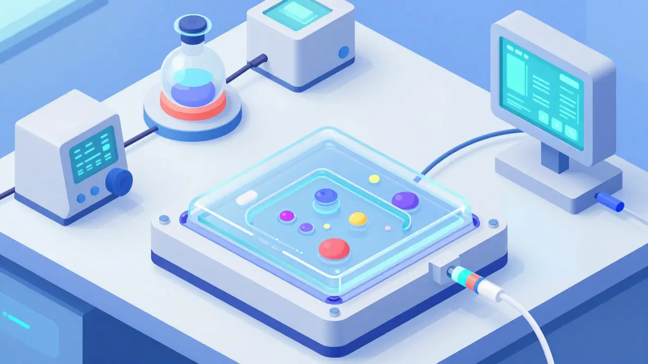 Isometric illustration of a placenta-on-a-chip microfluidic device in a modern laboratory.