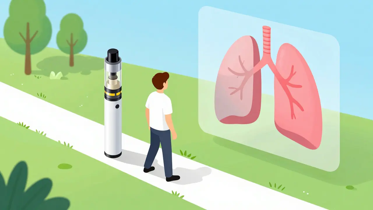 Isometric scene of a person quitting vaping and their lungs returning to a healthy pink color.