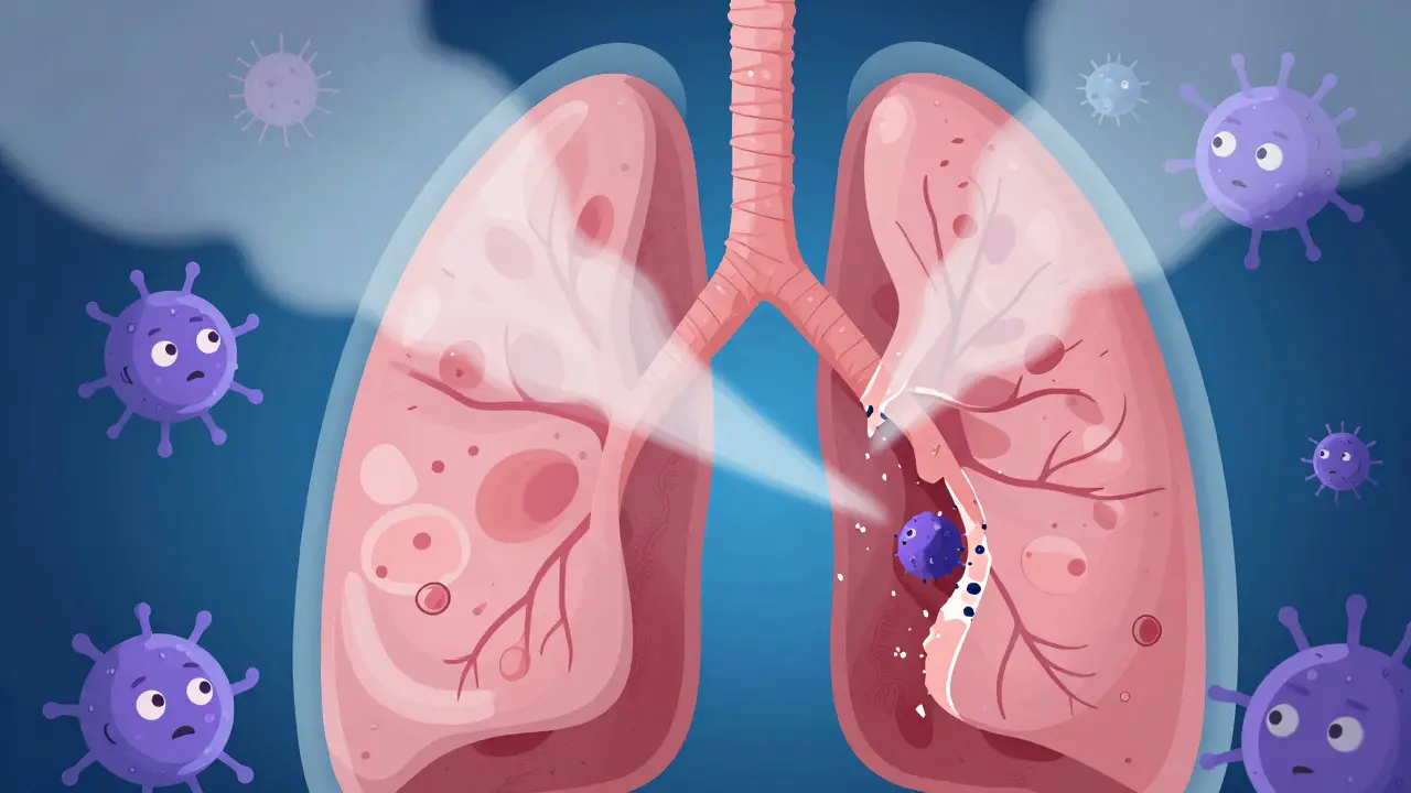 Isometric view of lung alveoli with a dissolving immune shield and entering bacteria.