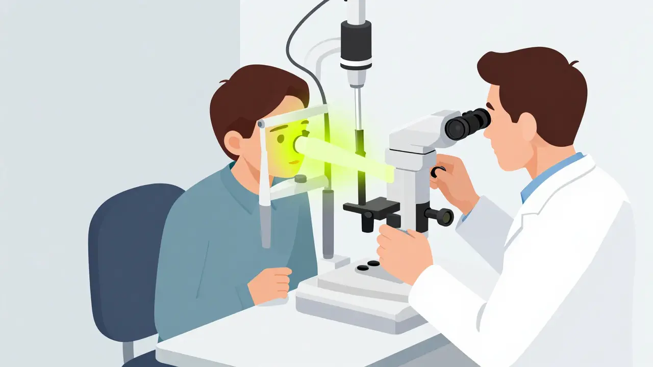 Patient undergoing a slit-lamp eye exam with neon green fluorescein staining.