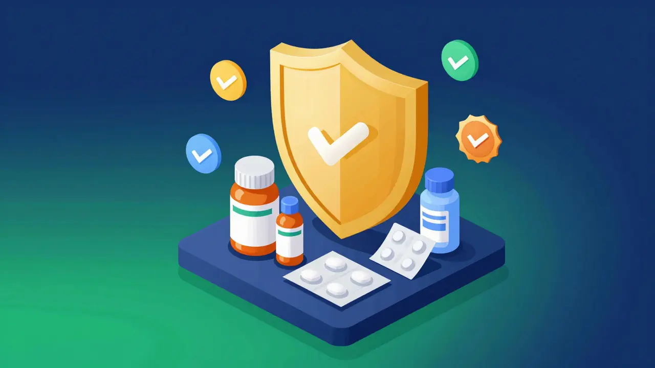 Secure digital pharmacy hub with medicine bottles protected by a gold shield and verification badges