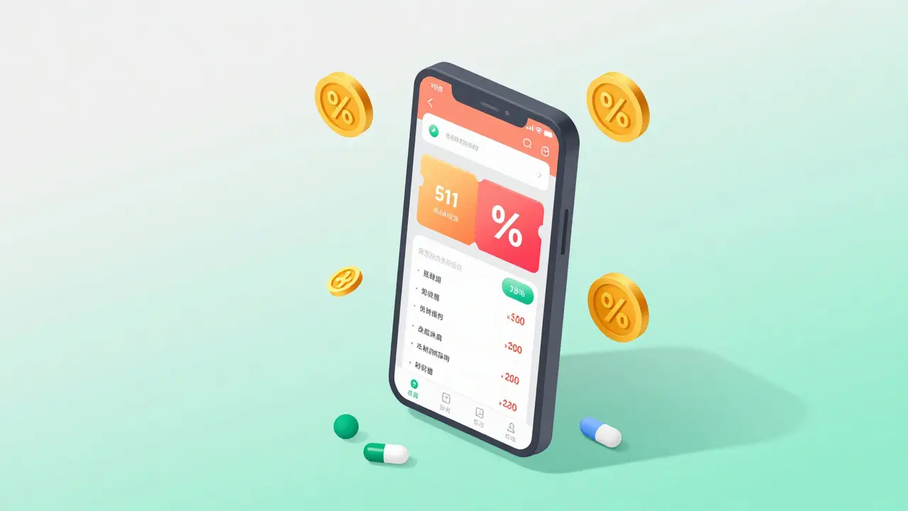 Smartphone displaying discount coupons and price comparisons for medication