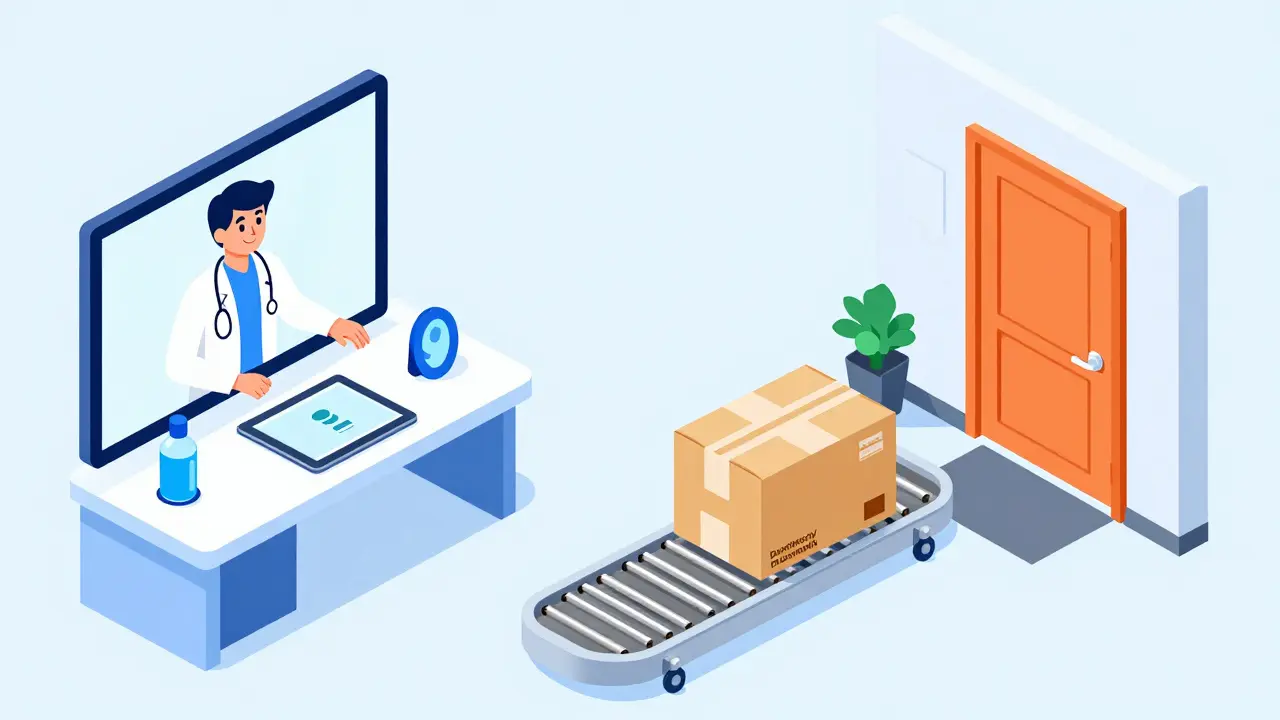 Split view of a telemedicine video call and a pharmacy package being delivered to a home