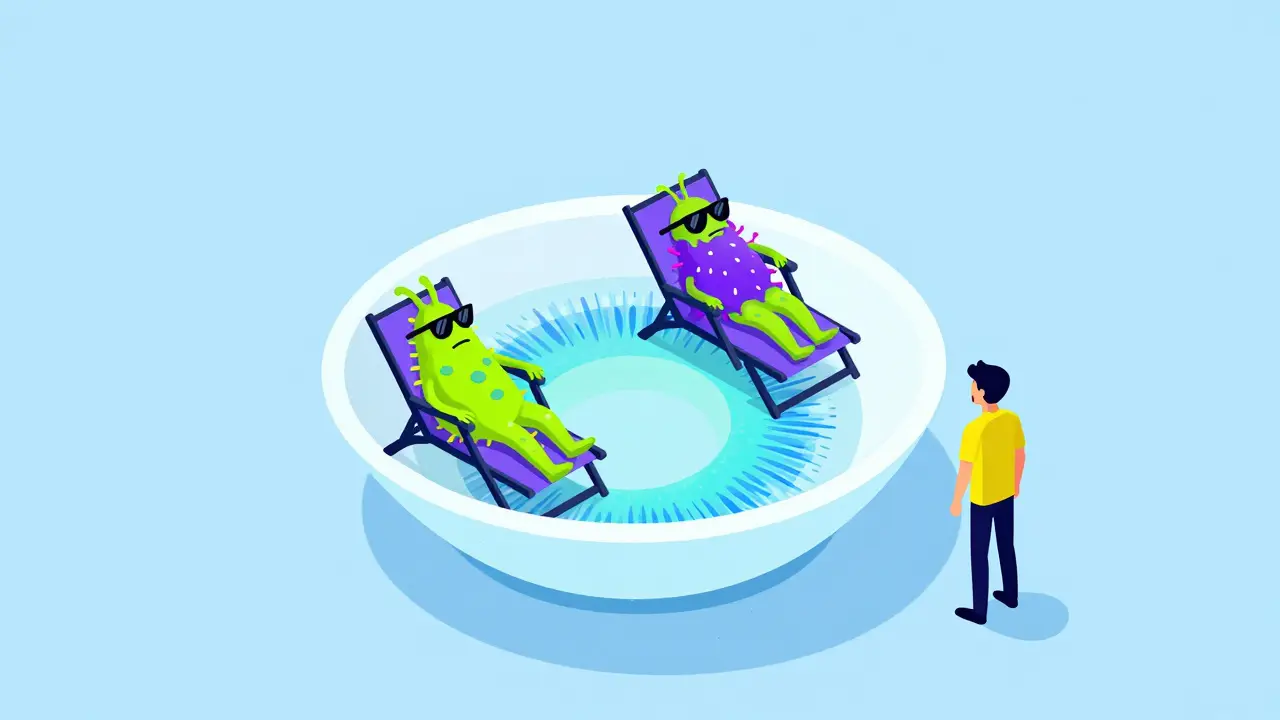 Stylized bacteria relaxing on a giant contact lens as a luxury hotel in isometric view.
