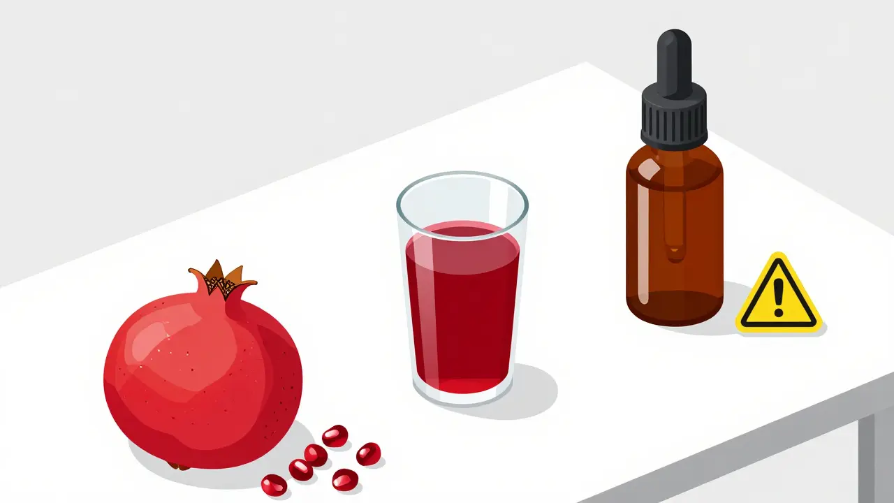Three versions of pomegranate: whole fruit, fresh juice, and a concentrated extract supplement