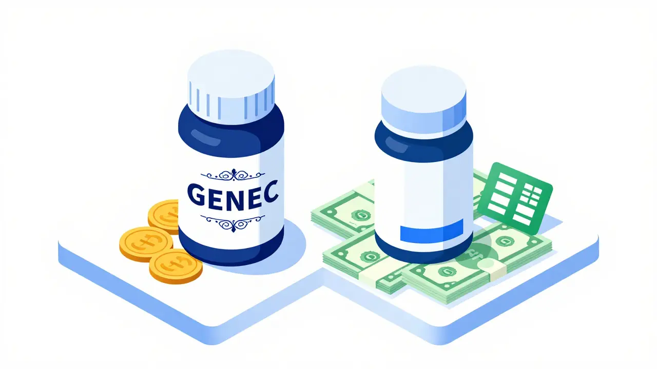 Two pill bottles showing the cost difference between brand-name and generic drugs