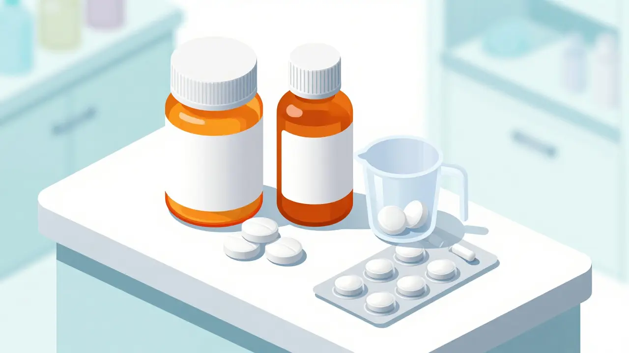 Various forms of generic acetaminophen including tablets, liquid, and suppositories