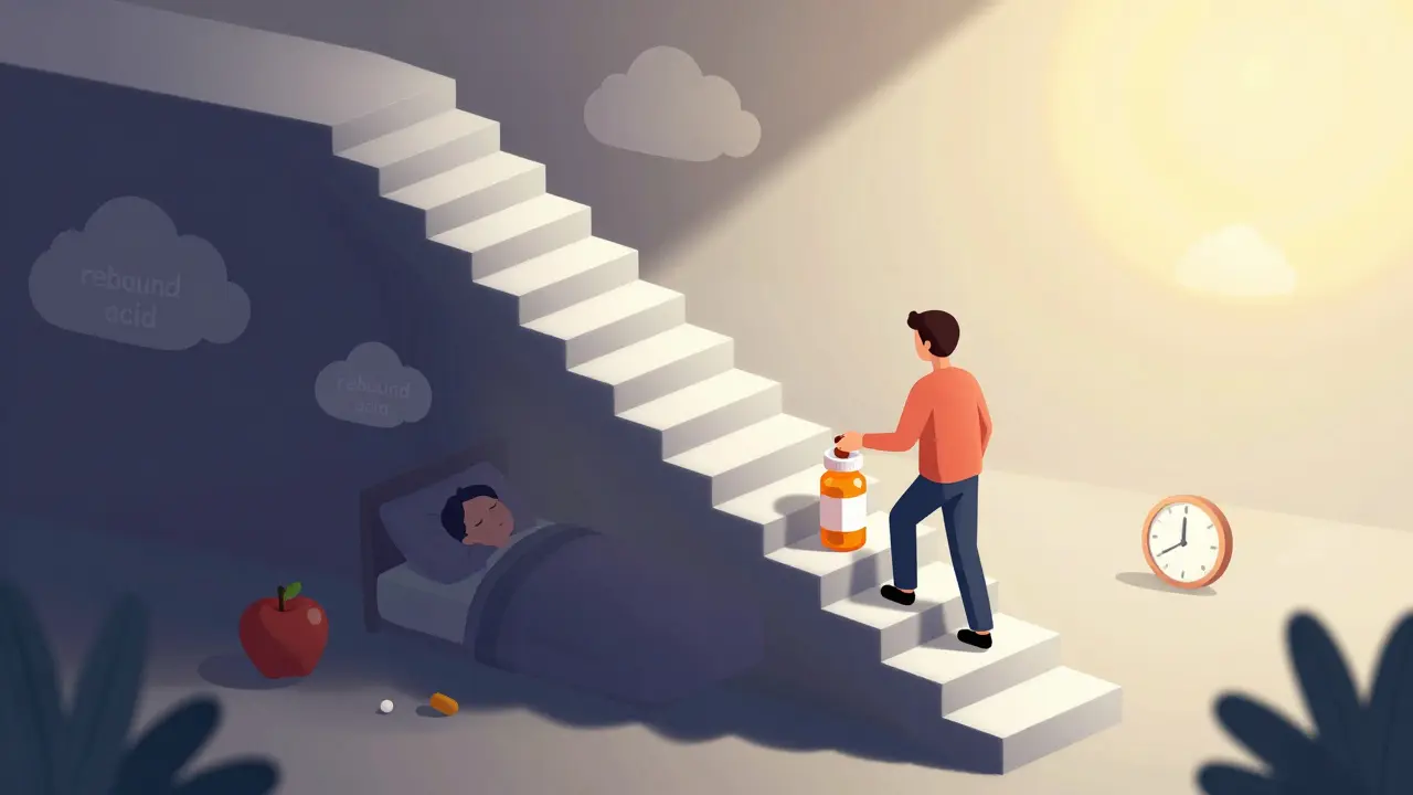 Character gradually reducing medication dosage on stairs