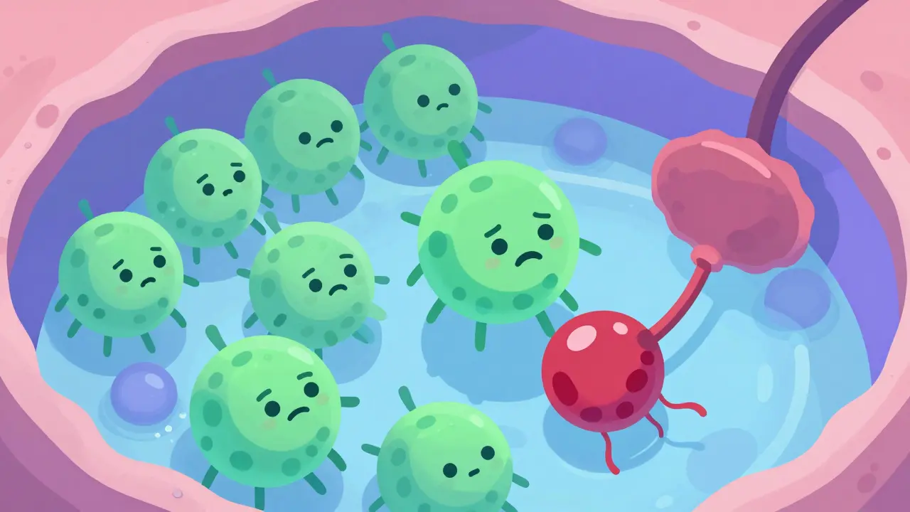 Cute cartoon bacteria blocked by shields in bladder