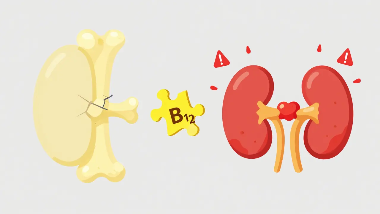 Illustration of bone weakness and kidney inflammation risks