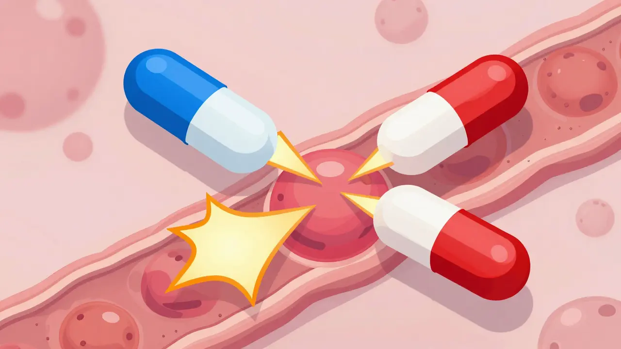 Illustration showing two drugs interacting at a cell level