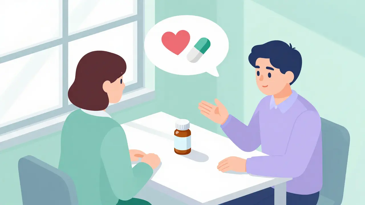 Isometric cartoon of pharmacist counseling patient about medication