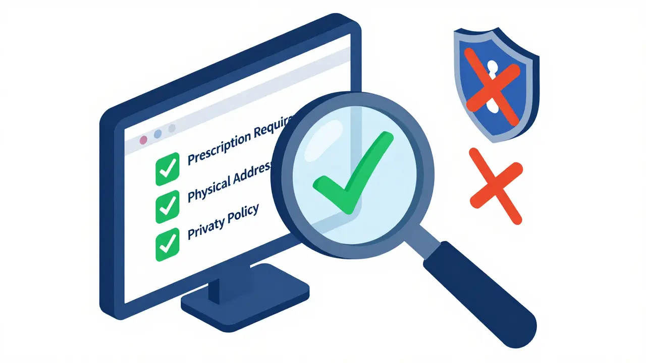 Isometric cartoon showing a magnifying glass checking safety seals on an online pharmacy site.