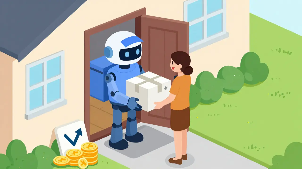 Isometric cartoon showing secure medication delivery and cost savings