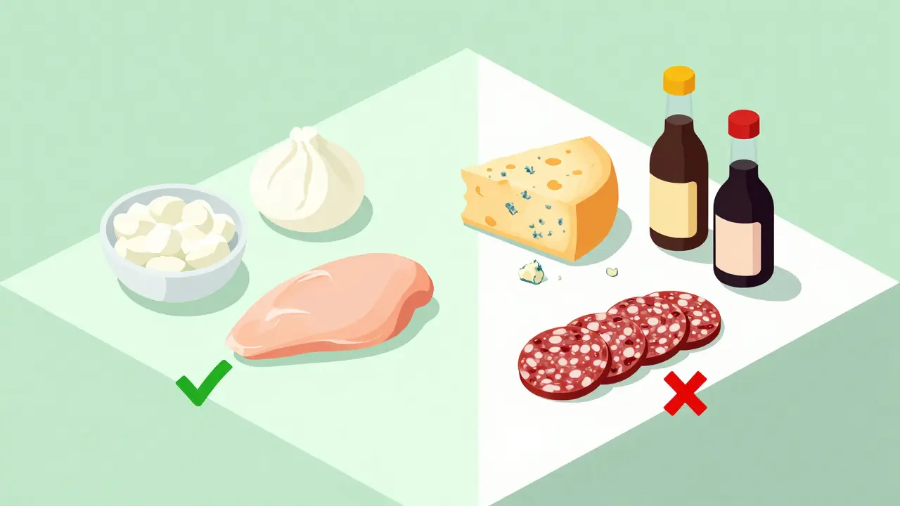 Isometric comparison of safe fresh foods versus high-risk aged cheeses and cured meats on a table.