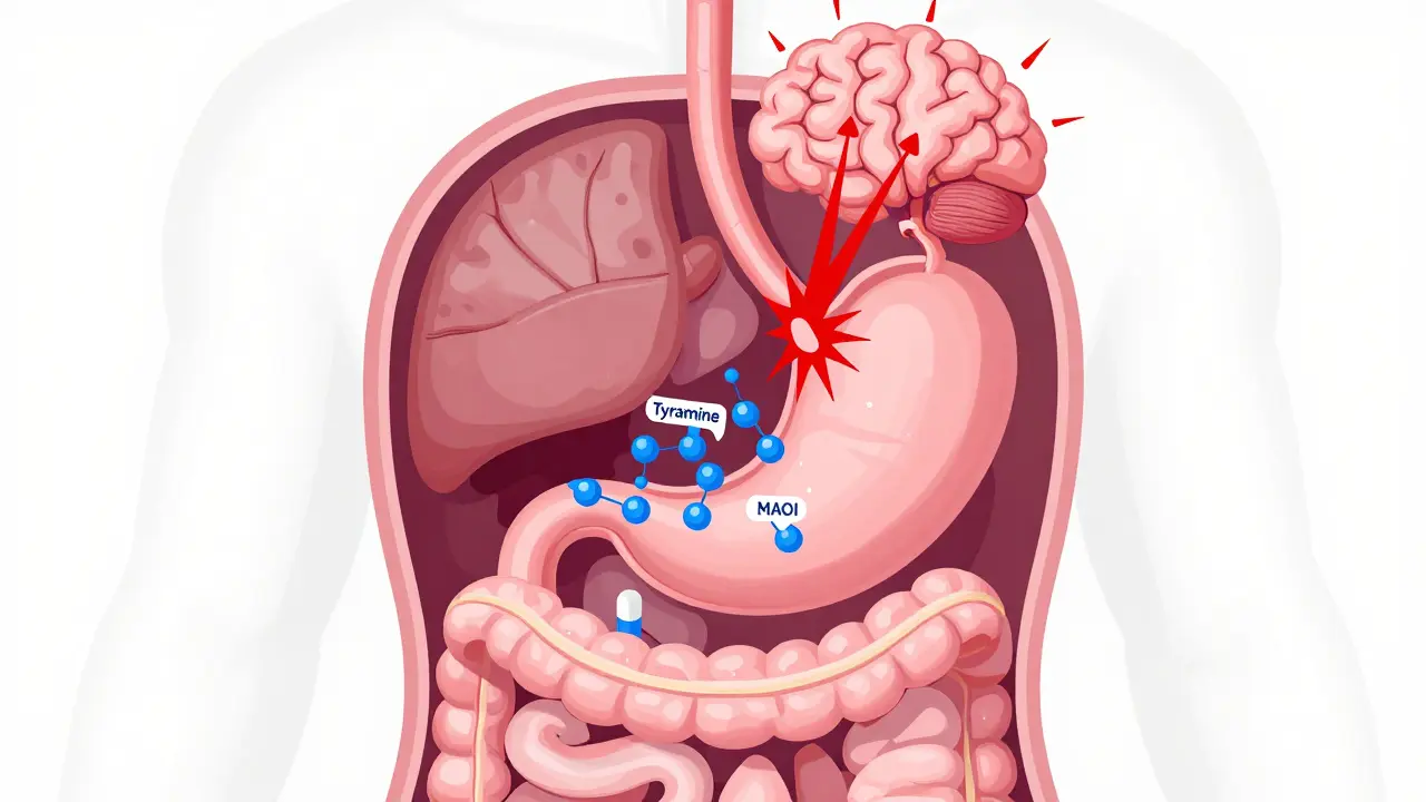 Isometric diagram showing tyramine buildup in the body due to MAOI medication blocking enzymes.