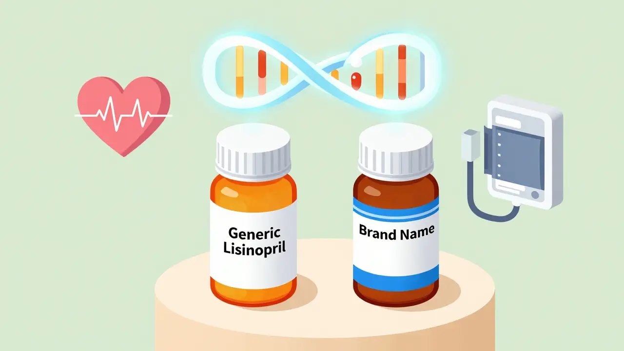Isometric graphic showing generic and brand-name pills are chemically identical.
