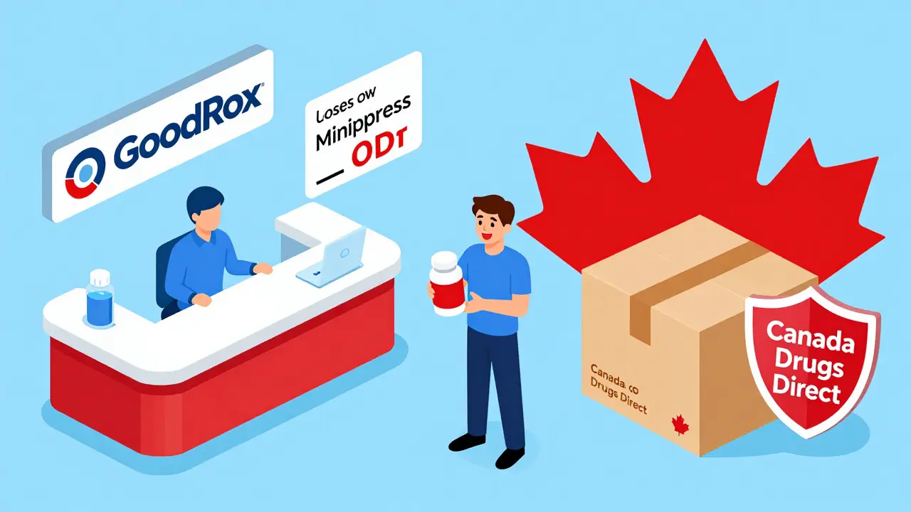 Isometric illustration comparing US discount coupons and Canadian mail-order pharmacy options.