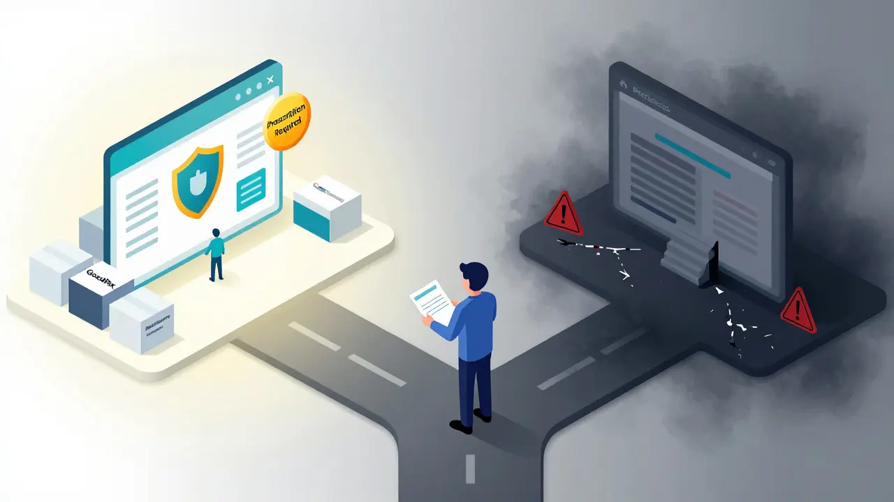 Isometric illustration contrasting safe verified pharmacies with risky counterfeit websites.