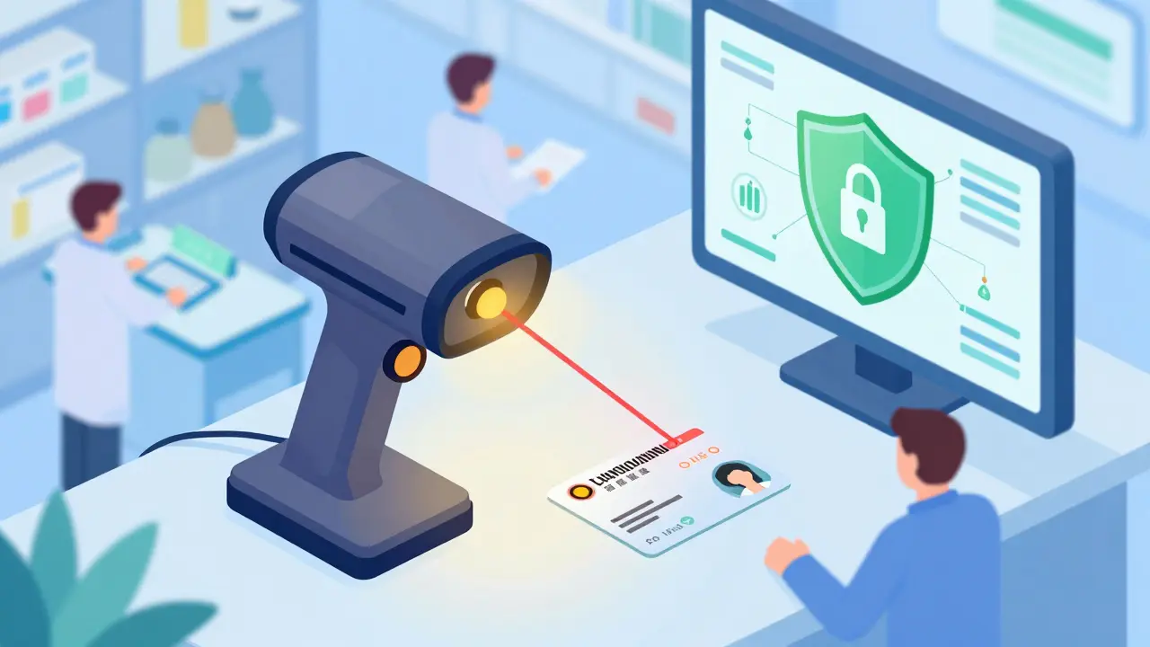 Isometric illustration of barcode scanner securing medication dispensing