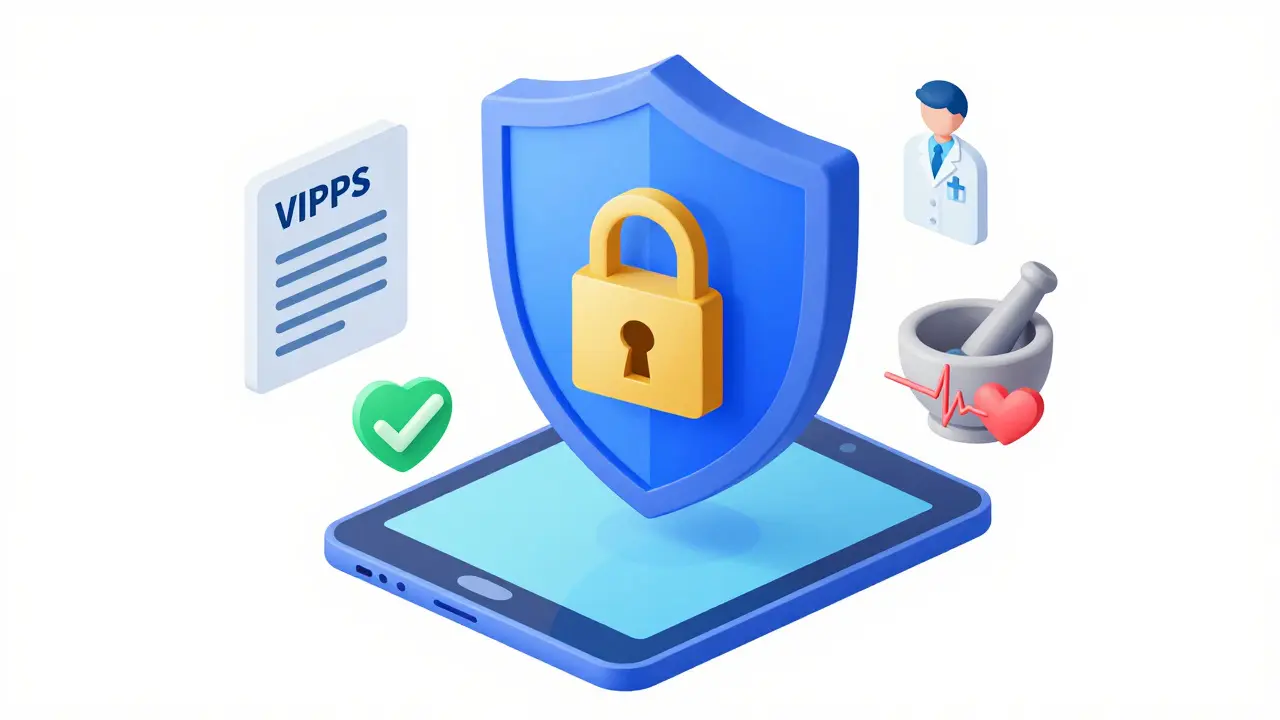 Isometric illustration of digital shield and security icons for safe pharmacy
