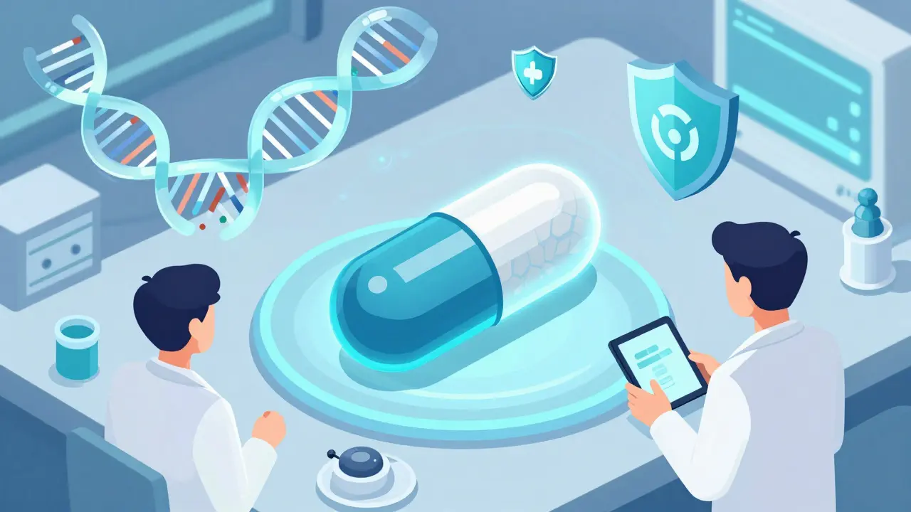 Isometric illustration of new antibiotic pill in lab