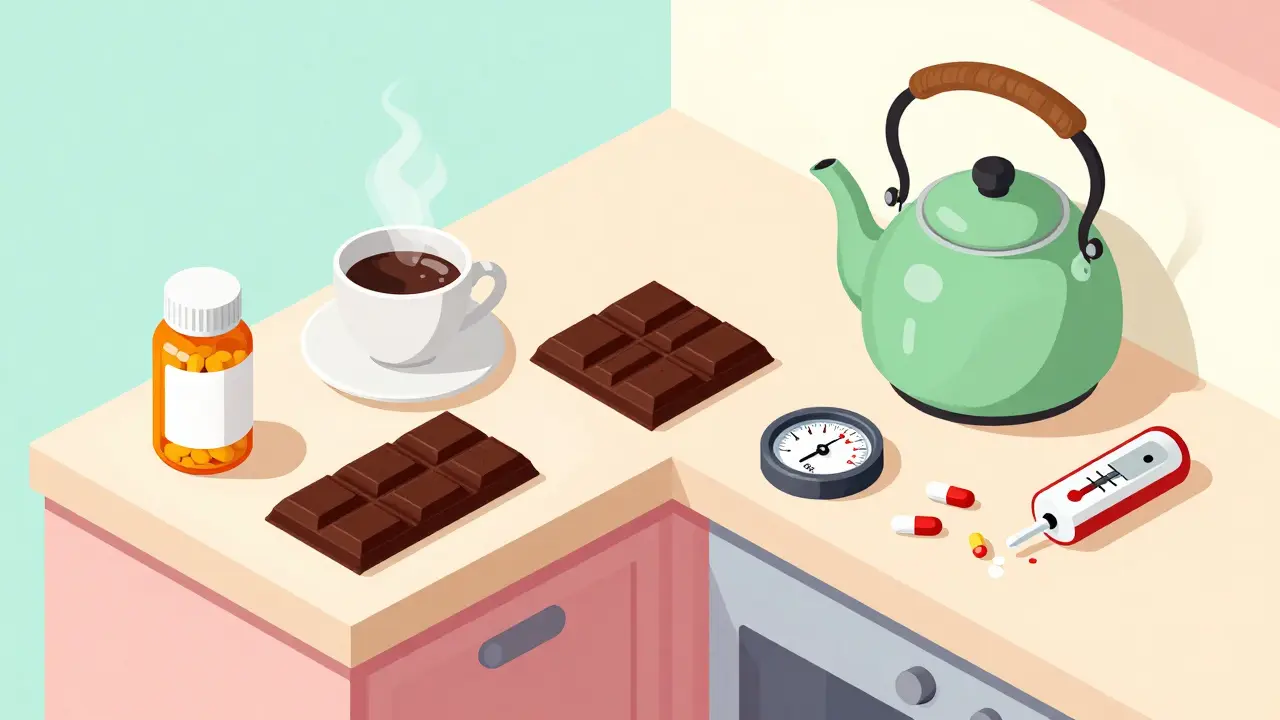 Isometric illustration of risky drug interactions with coffee, tea, and chocolate