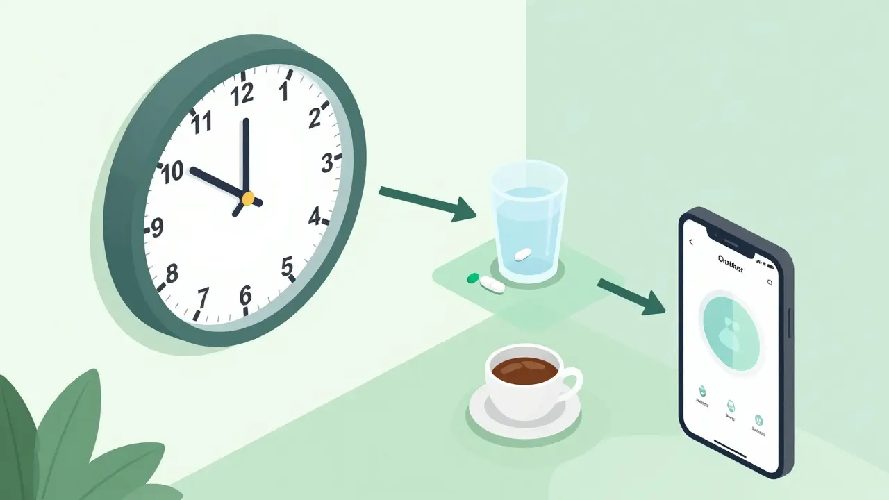 Isometric scene showing safe timing gaps between meds and beverages