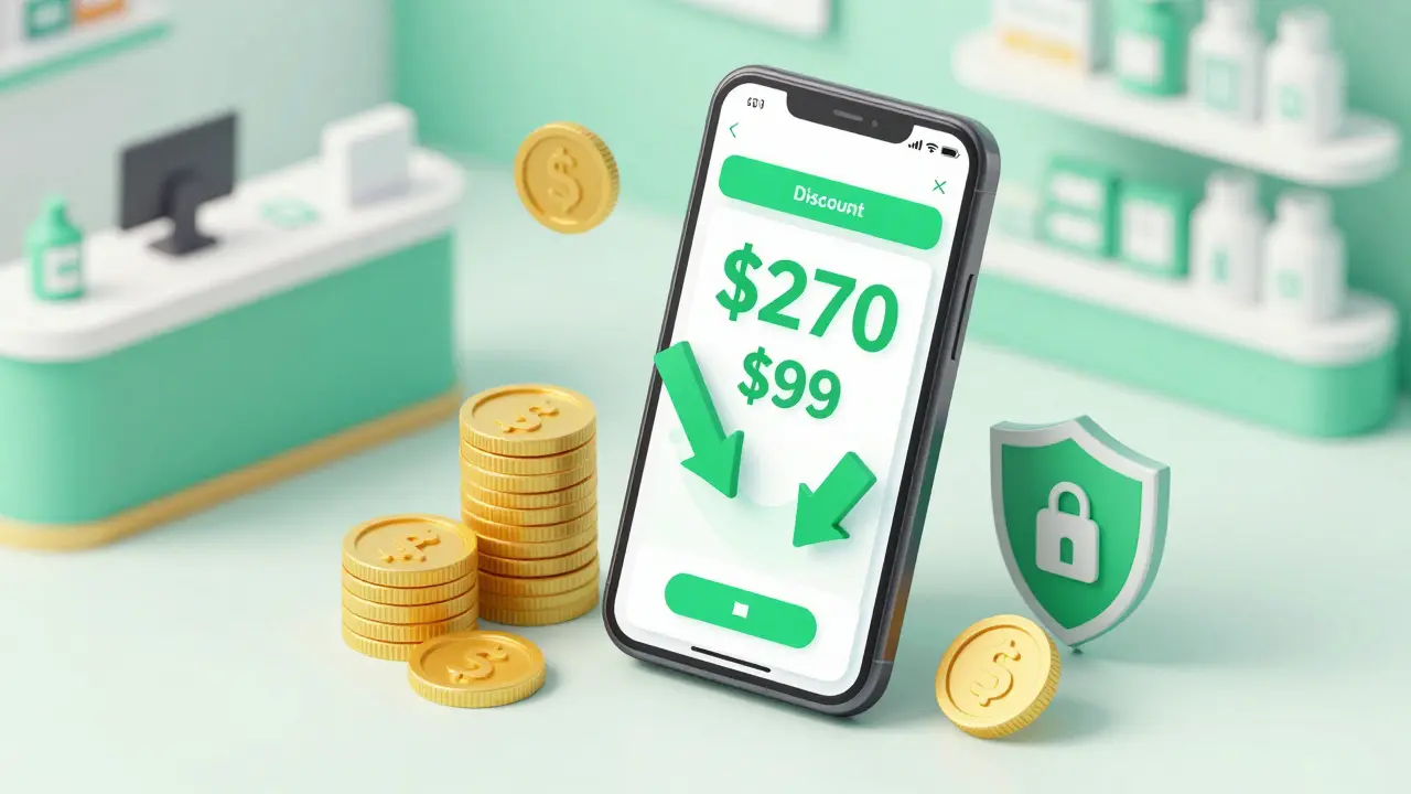 Isometric view of smartphone showing medication price discounts