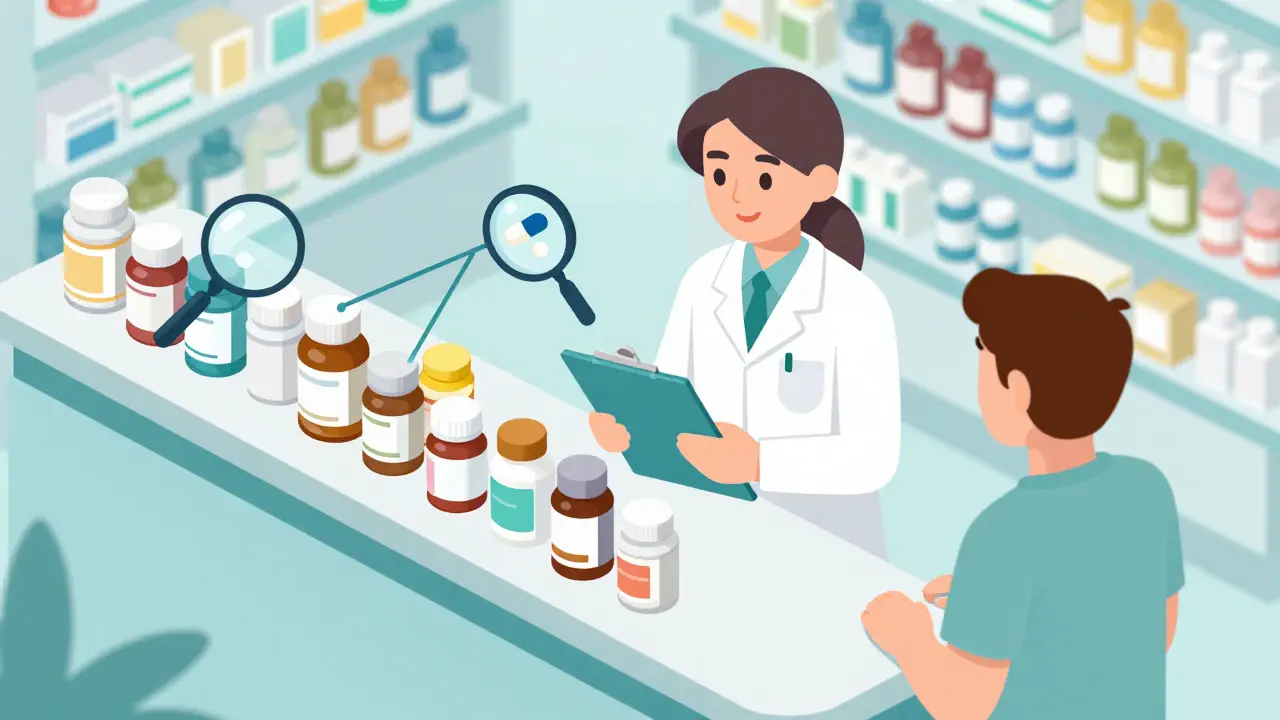 Pharmacist reviewing patient medications in an isometric style