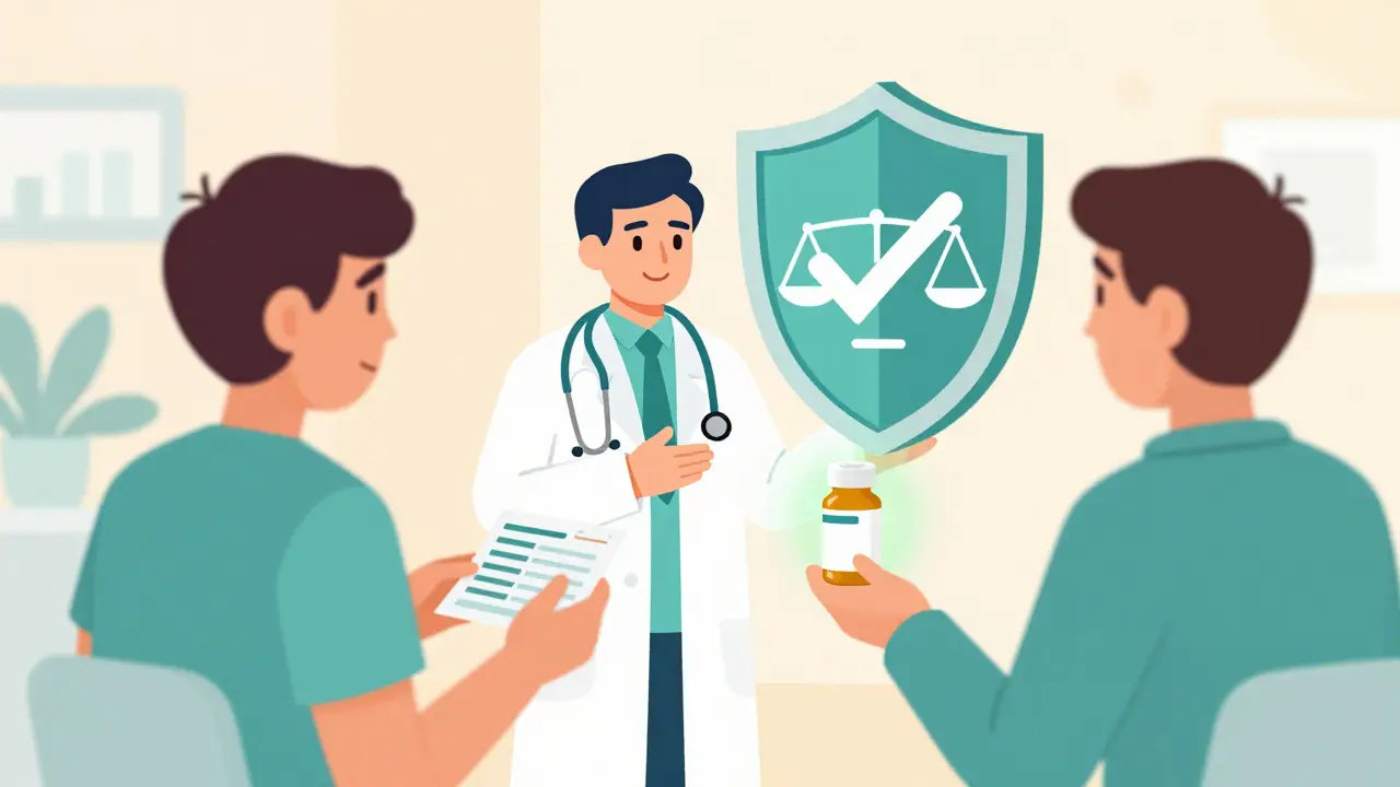 Doctor reassuring patient about generic drug safety in isometric style