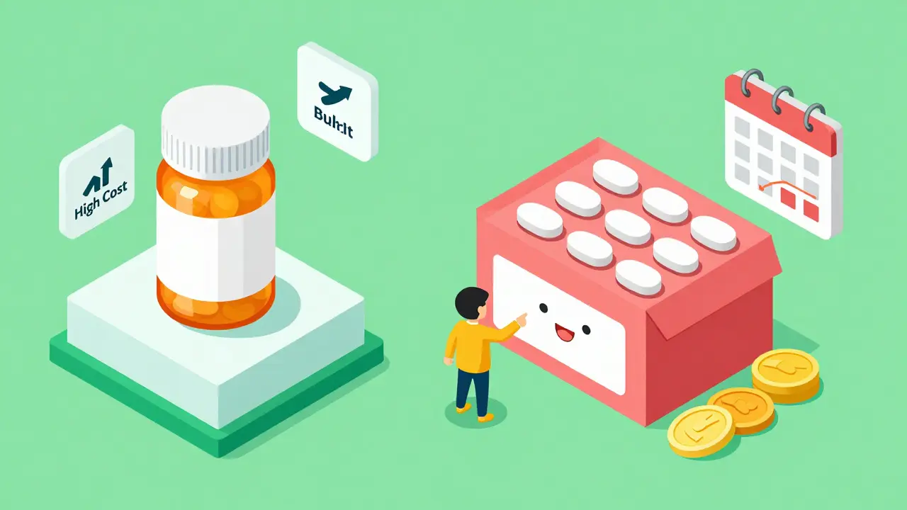 Isometric cartoon comparing bulk savings vs single purchase