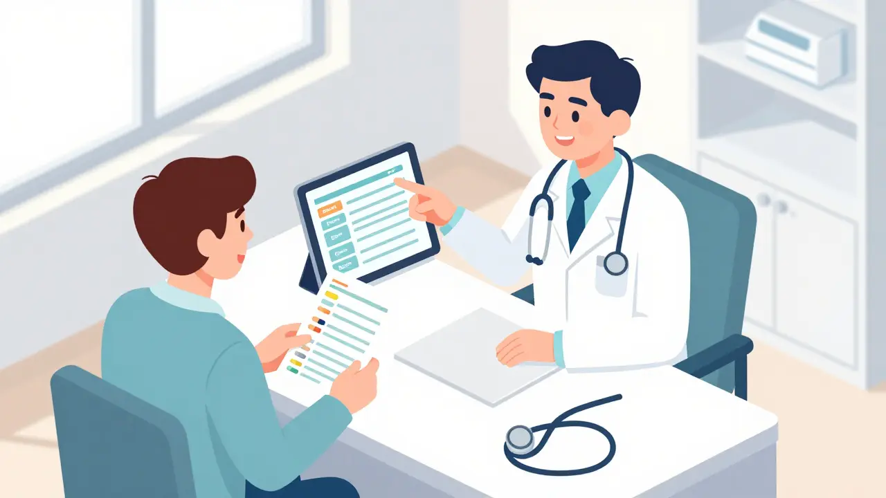 Isometric cartoon of a pharmacist reviewing drug results with a patient