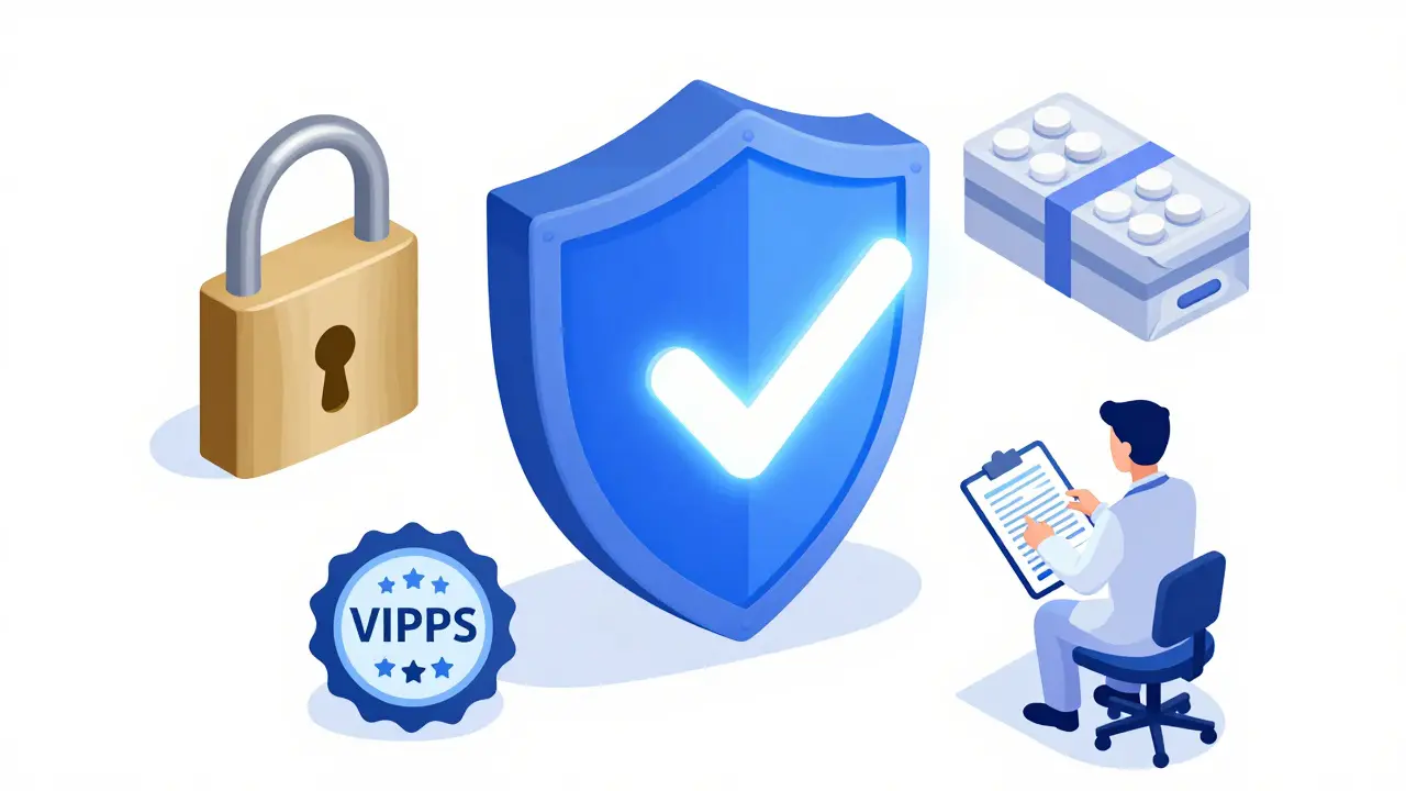 Isometric cartoon of shield protecting medicine package with security and doctor icons