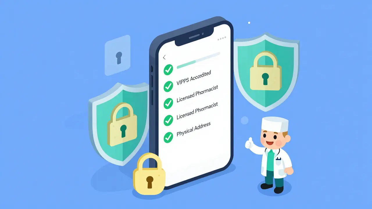 Isometric cartoon showing a smartphone checklist for verifying safe online pharmacies.