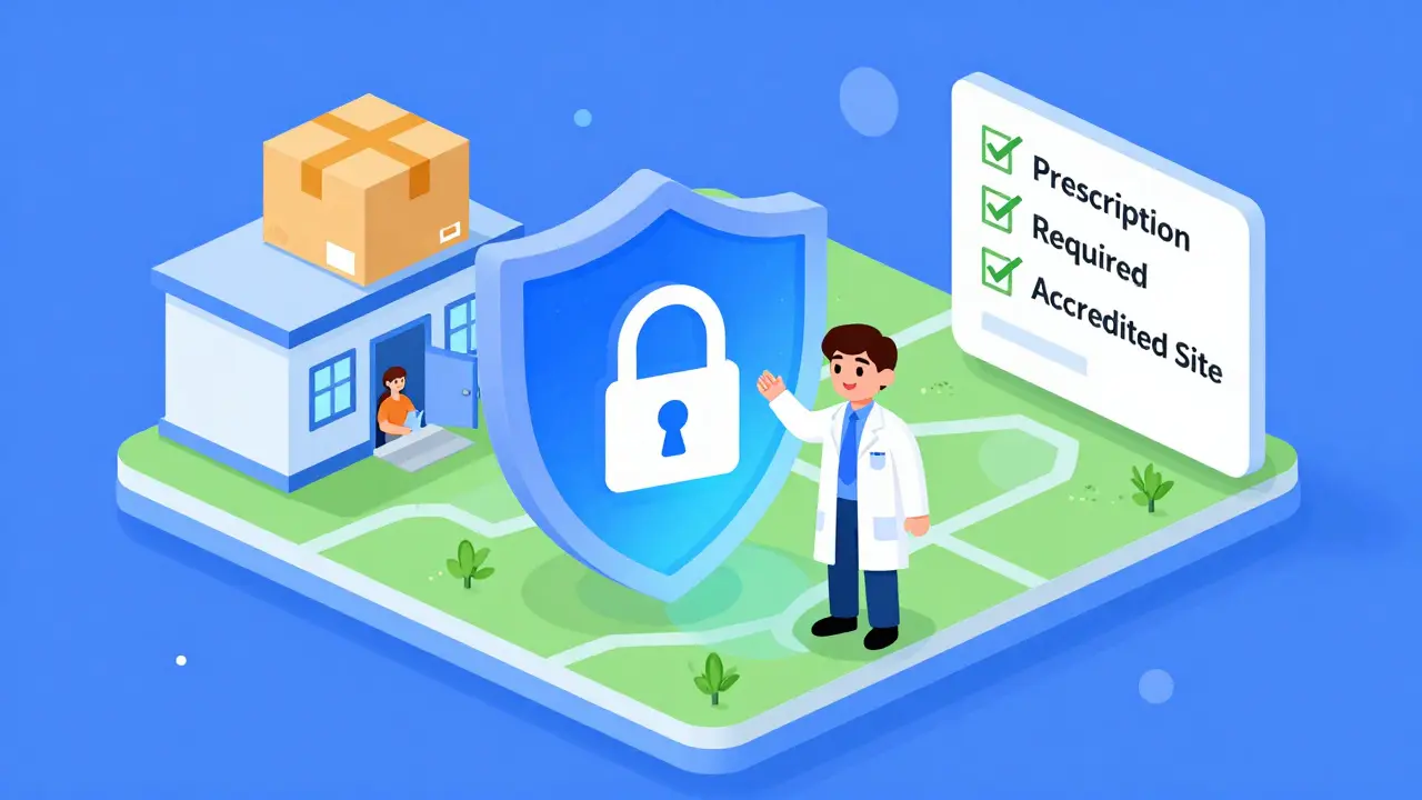 Isometric cartoon showing safe online pharmacy verification and delivery
