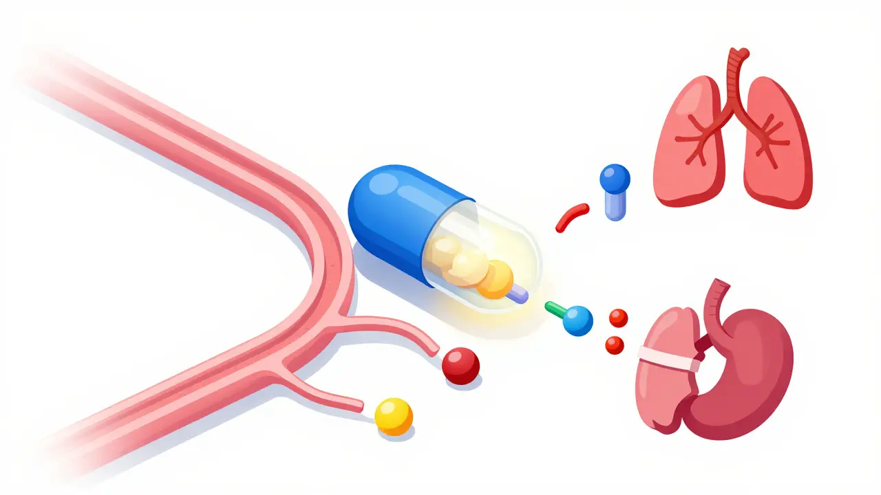 Isometric diagram showing drug molecules interacting with various organ receptors in body