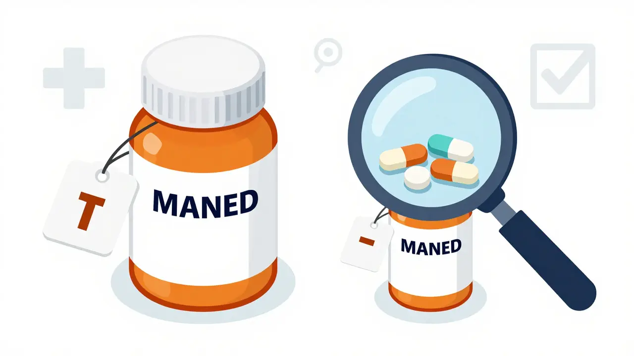 Isometric illustration comparing generic and brand name pills with a magnifying glass.