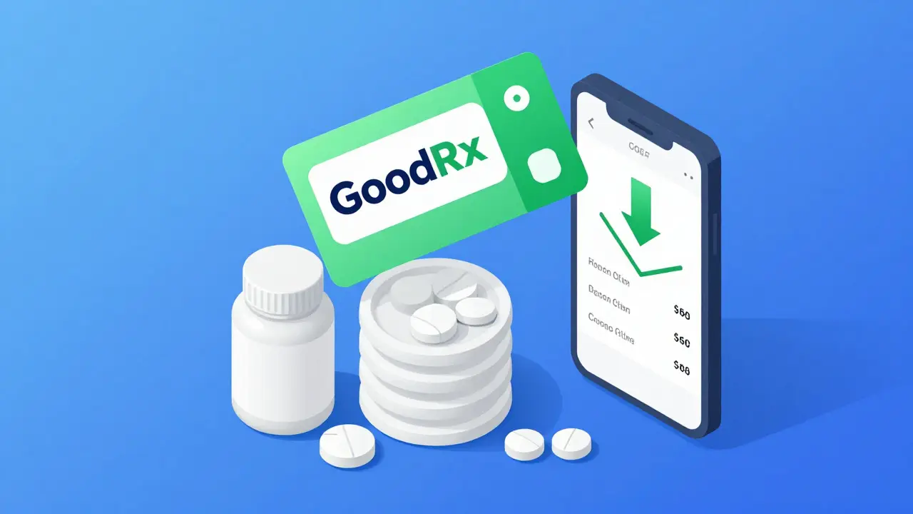 Isometric illustration of discount coupons and pill bottles showing medication cost savings