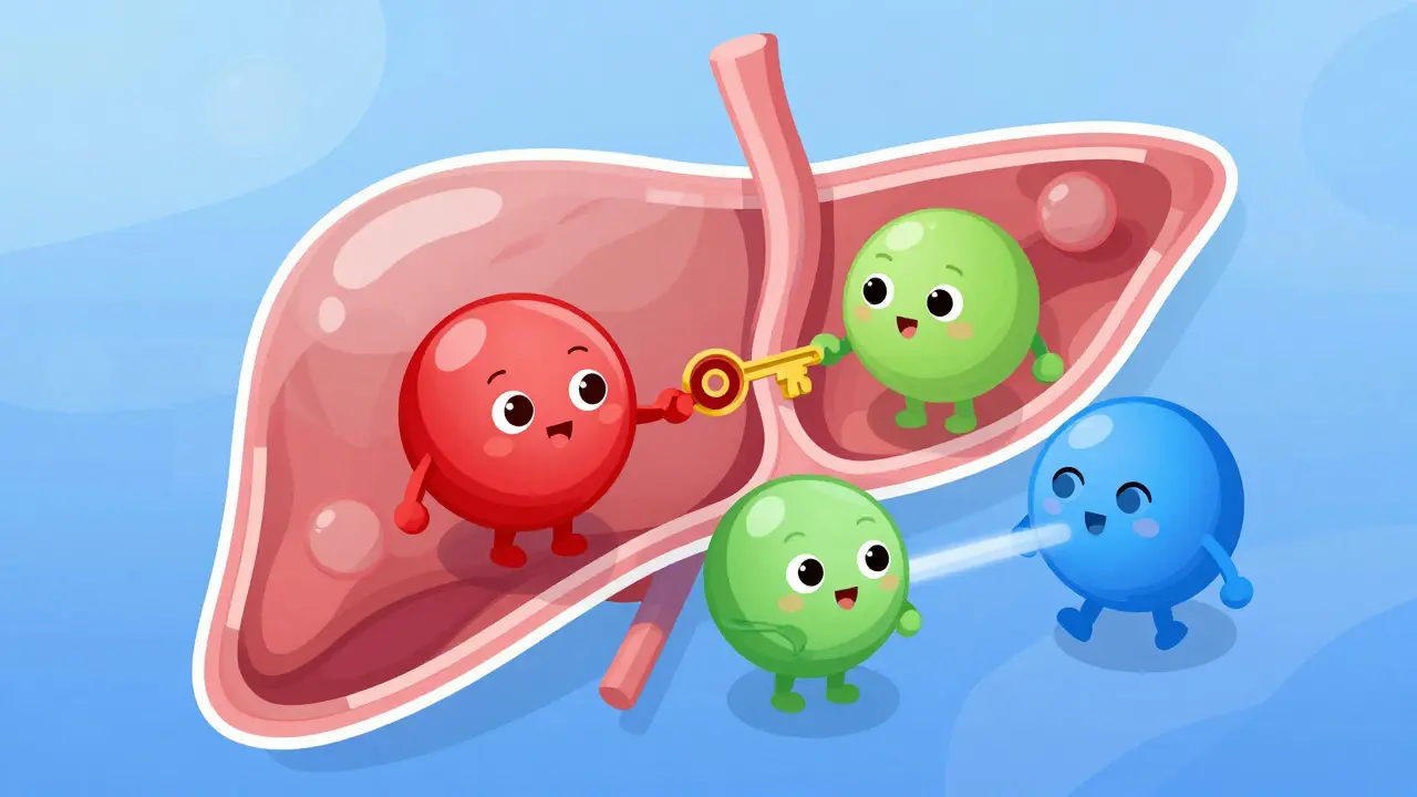 Isometric illustration of molecules interacting inside a stylized organ