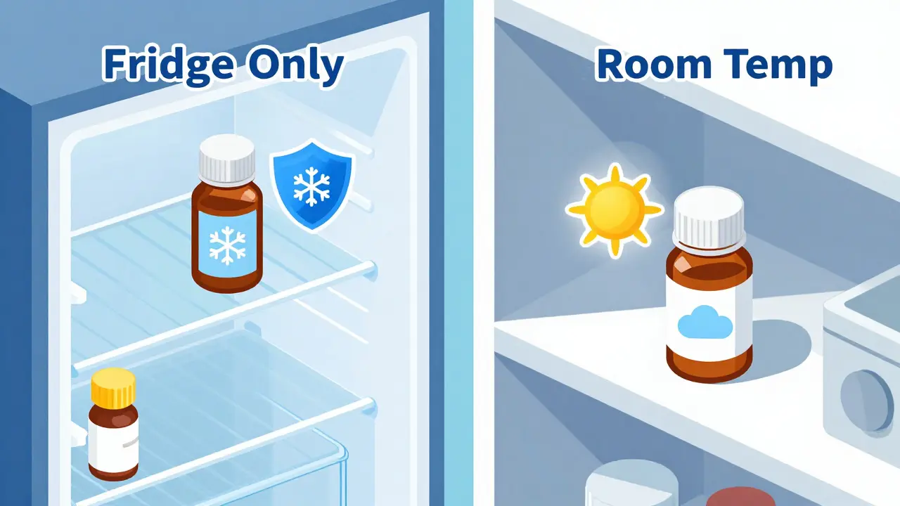 Isometric view of antibiotics stored correctly in fridge and closet