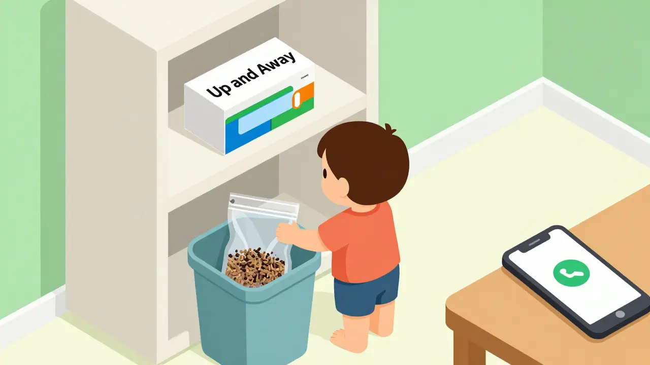 Medicine stored high up out of child's reach and disposed of safely