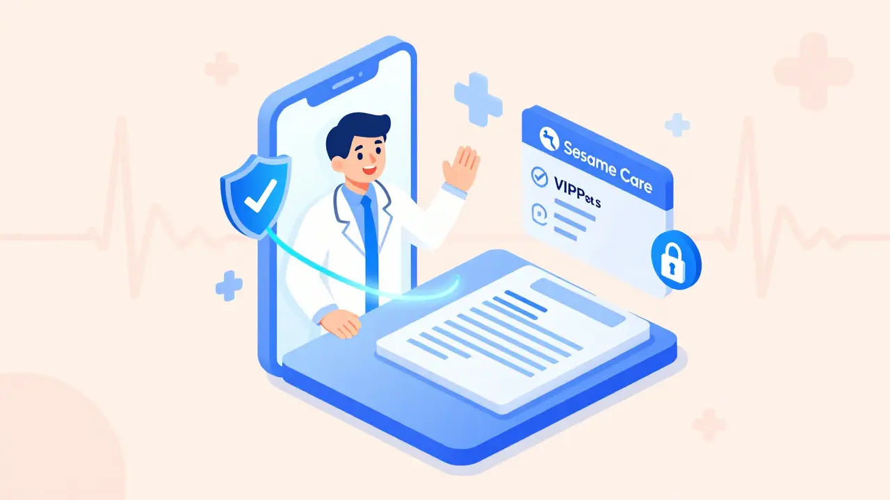 Telehealth consultation icon with secure prescription symbols
